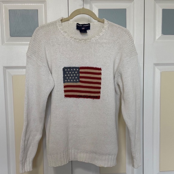 Vintage Ralph Lauren Polo Sport American Flag Cream Cotton Knit Sweater Size M - Picture 1 of 6